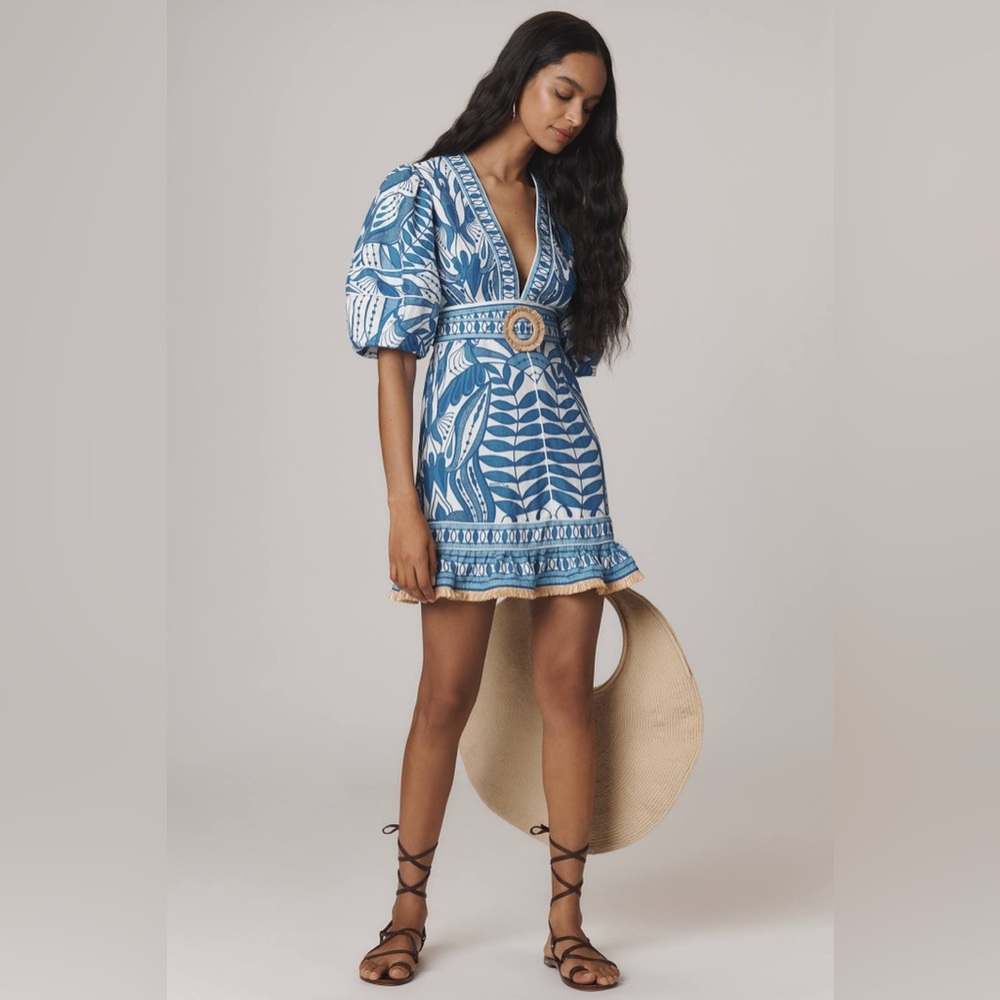 Farm Rio for Anthropologie floral mini Dress - blue/white XS